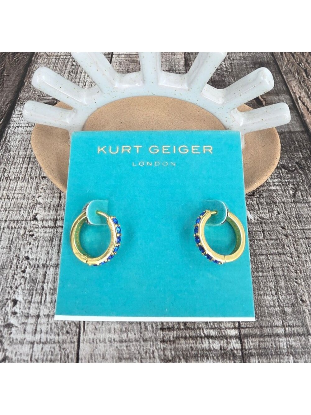 Kurt Geiger Crystal Huggie Earrings Bright Blue Gold Be Kind Designer Glam New